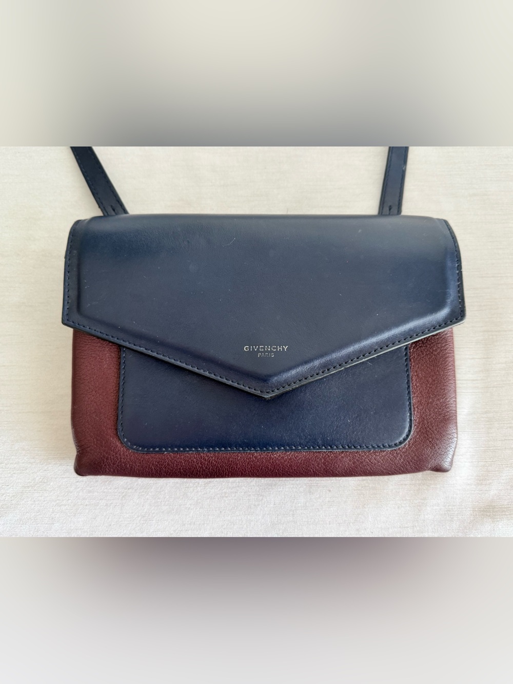 Givenchy Calfskin Duetto Navy and Burgundy Leather Crossbody Purse
